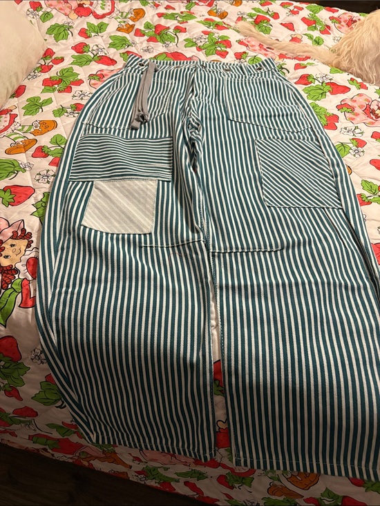 Denim - Brand New Striped Green Utility Women’s Pants with Patch Pockets